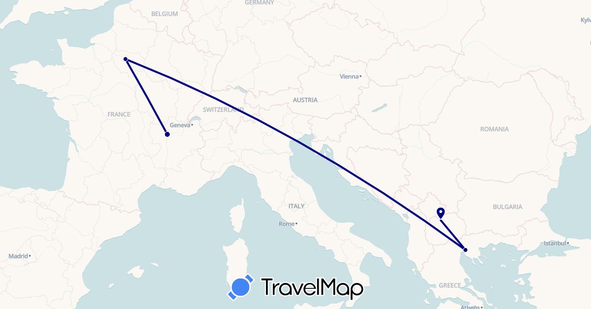 TravelMap itinerary: driving in France, Greece, Macedonia (Europe)